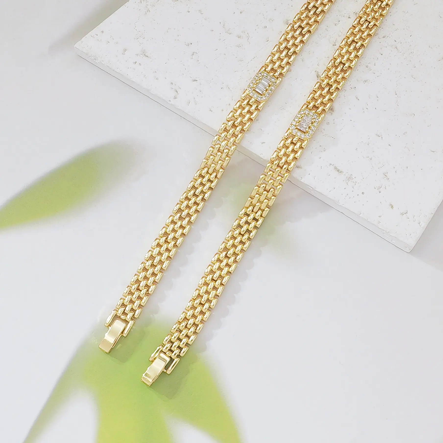 14K Gold Multi Layer Link Bracelet Rectangle Zircon Stackable Wrist Jewelry For Women