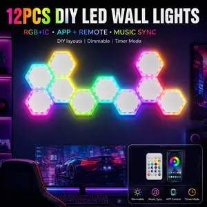 12PCS DIY Hexagon LED Wall Lights, RGBIC Color Changing Wall Decor with App & Remote Control, Music Sync, Dimmable Timer Light Panels for Gaming Room Bedroom Living Room