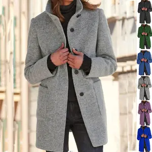 Women's Stand Collar Woolen Coat with Pockets, Long Sleeve, Casual Button Outwear for Fall and Winter, Slim Fit, Polyester Fabric, Available in Multiple Colors