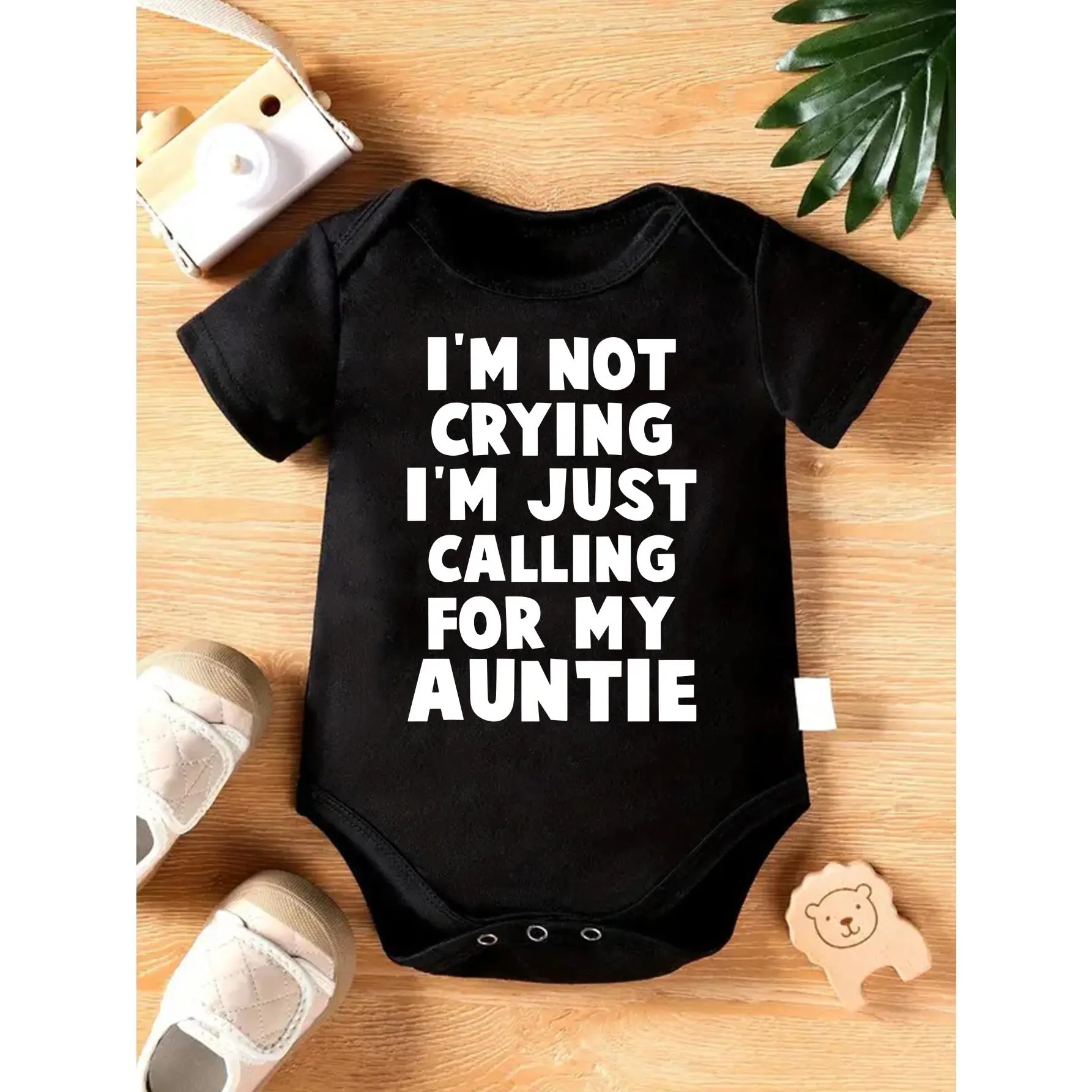 Cute Baby Bodysuit With I M Not Crying I M Just Calling For My Auntie Print Soft Versatile Round Neck Button Detail Regular Fit All Seasons Knitted Fabric Onesie For 0 12 Months, Onesie Shape Unisex Bodysuits & One-Pieces
