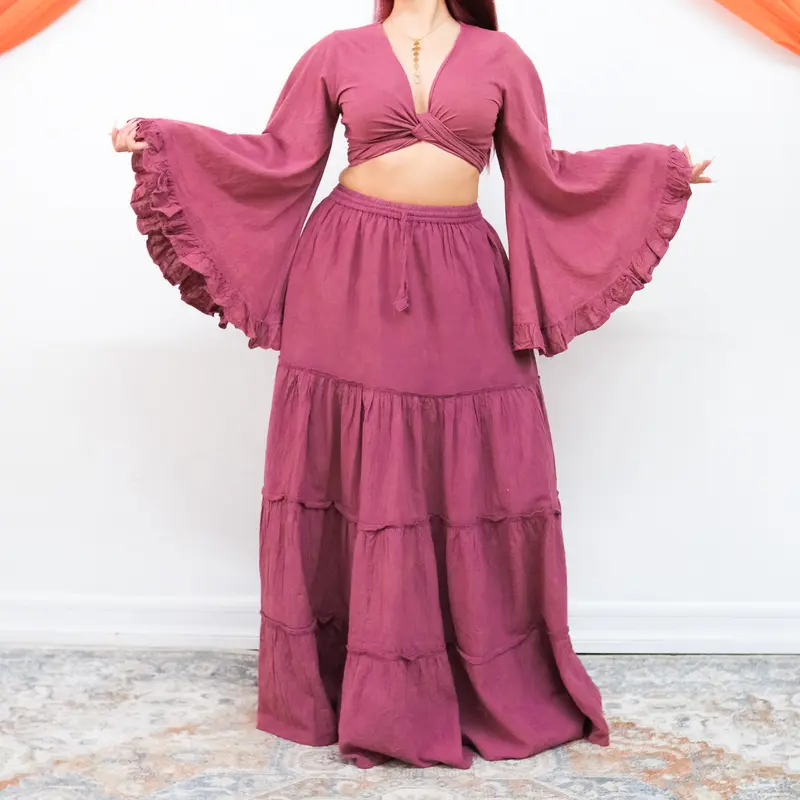 Women's 2-Piece Cotton Tiered Flowy Pleated Maxi Skirt Set - Ruffle Long Bell Sleeve Top, Loose, Breathable, Solid Color, Bohemian Festival Outfit, Elastic, Adjustable Drawstring, Pockets, Basic, Minimalist Style 2 Piece Sets Women