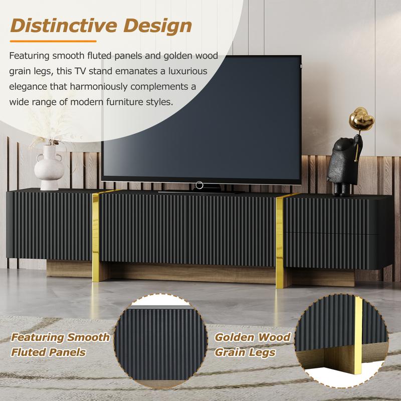 Bellemave]ON-TREND Luxury Fluted TV Stand for TVs Up to 80'', Modern Entertainment Center with Storage Cabinets & Drawers, Smooth Media Console with Golden Wood Grain Legs for Living Room, Black