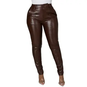 Look My Way Vegan Leather Pants Bottom Pockets Stretchy Womenswear faux leather Minimalist Comfort Basic Fall Clothing Women Denim