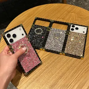 Electroplated Brand Square Case with Rhinestone Ring Holder, Phone Case for Apple iPhone 17pro Max/17 Pro/17air/16pro Max/16 Plus/15 Pro Max