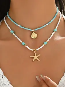 2PCS Bohemian Ocean Style Women's Jewelry Set, Turquoise Blue Pendant Necklace & Choker, Artificial Alloy Starfish Bracelet, Beach Wedding Party Wear