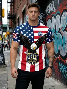 American Street Style Memorial T-Shirt '1776-2026' Flag Eagle Print Short Sleeve, Casual Fitted Top, Graphic Design, No Collar, No Zipper, No Button