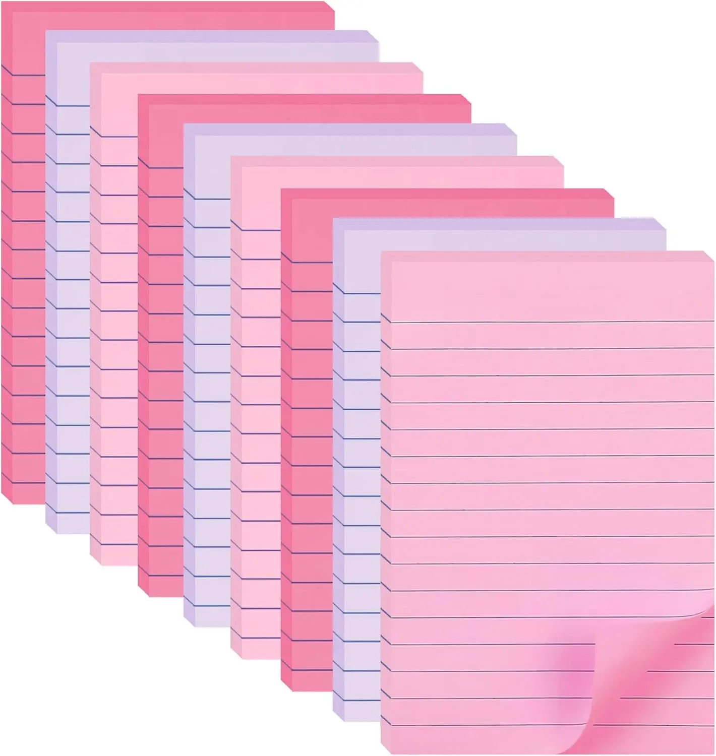 9 Pack Lined Sticky Notes 4X6 in, Large Ruled, Colorful, Super Sticking Power Memo Pads Strong Adhesive (Pink Themed)