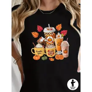 Women'S Pumpkin Spice & Autumn Drinks Graphic T-Shirt - 100% Casual Short Sleeve Round Neck Tee With Fall Leaves, Pumpkin Spice Latte & Apple Cider Print,  Home & Leisure, Thanksgiving Tshirt, Comfortable Fit women summer clothes