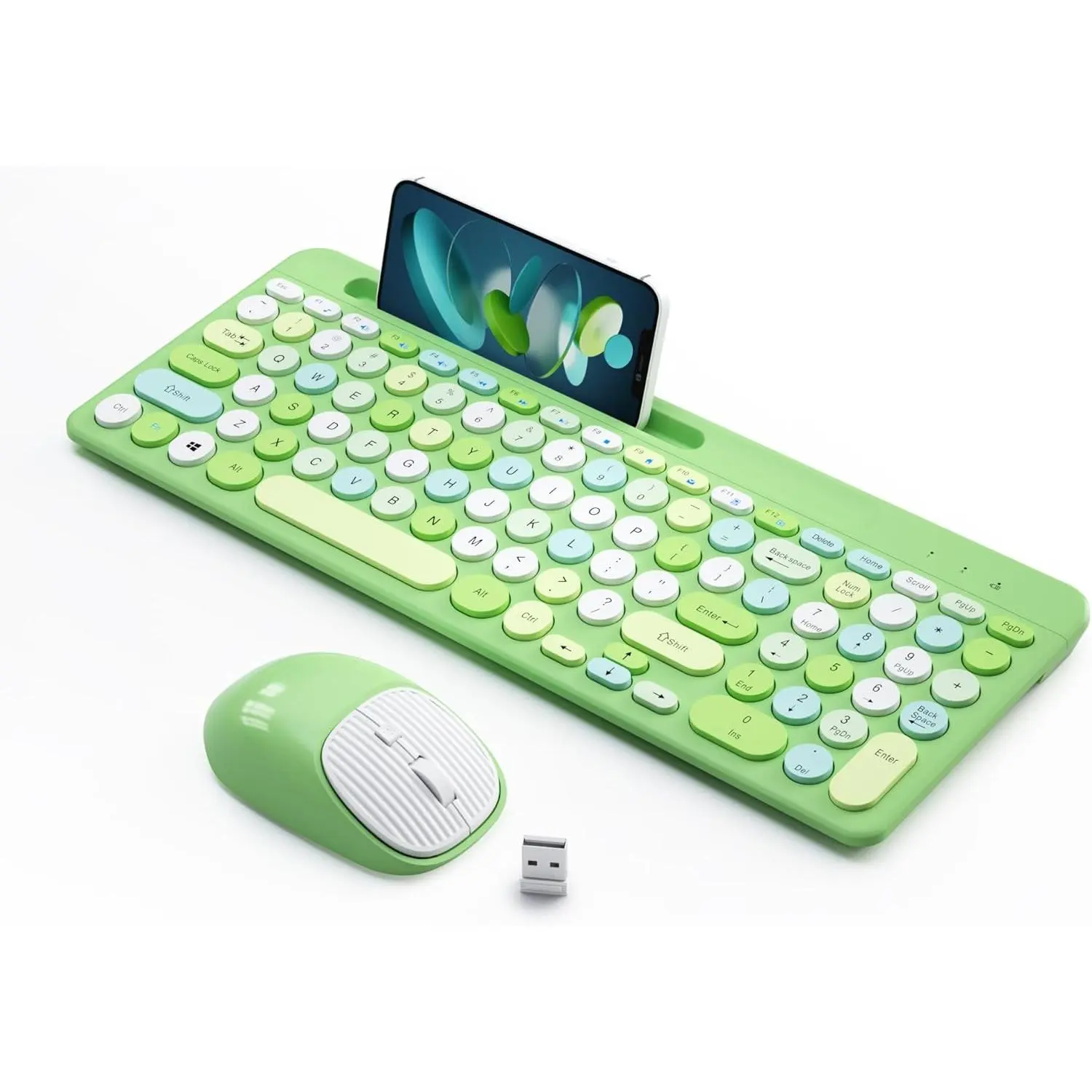 SQ-KBB001 Wireless Keyboard and Mouse Combo, Retro Wireless Keyboard with Round Keycaps, 2.4GHz Full-Size USB Cute Wireless Keyboard Mouse for Computer, Desktop, Laptop and Computer (Green-Colorful)