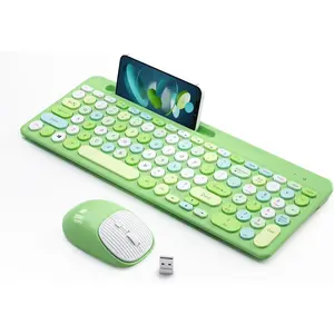 SQ-KBB001 Wireless Keyboard and Mouse Combo, Retro Wireless Keyboard with Round Keycaps, 2.4GHz Full-Size USB Cute Wireless Keyboard Mouse for Computer, Desktop, Laptop and Computer (Green-Colorful)