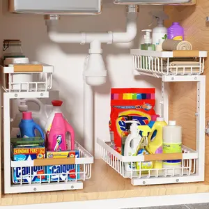 Sink Organizer 2 Pack, 2 Tier Slide Out Large Capacity Sink Organizers and for Cabinet, White