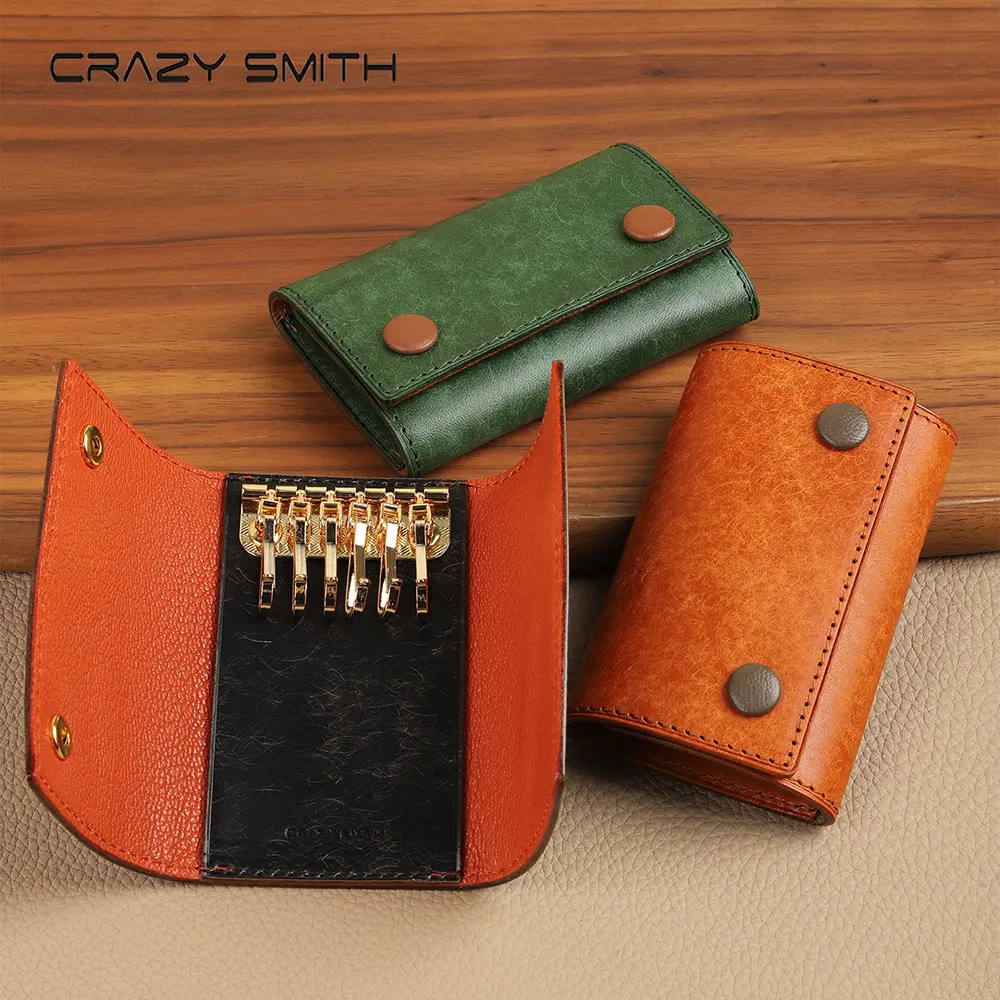 CRAZY SMITH Premium Key Organizer Pouch, Handmade Full-Grain Leather Car Key Holder with Double Button Closure