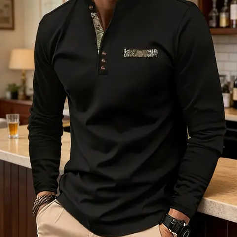 Men's casual long sleeved shirt with leopard print pocket - lightweight elastic polyester, stand up collar, autumn and winter button details