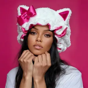 Fluffy Cute Rabbit Plush Silk Bonnet, Double-Sided White & Pink Satin Lined, Soft Silky Touch Breathable Hair Bonnet