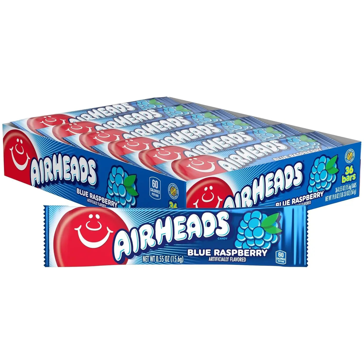 Airheads Full-Size Candy Bars, Taffy Candy Pack, Individually Wrapped Bulk Candy, Blue Raspberry Flavor Artificially Flavored, 36 Count Box
