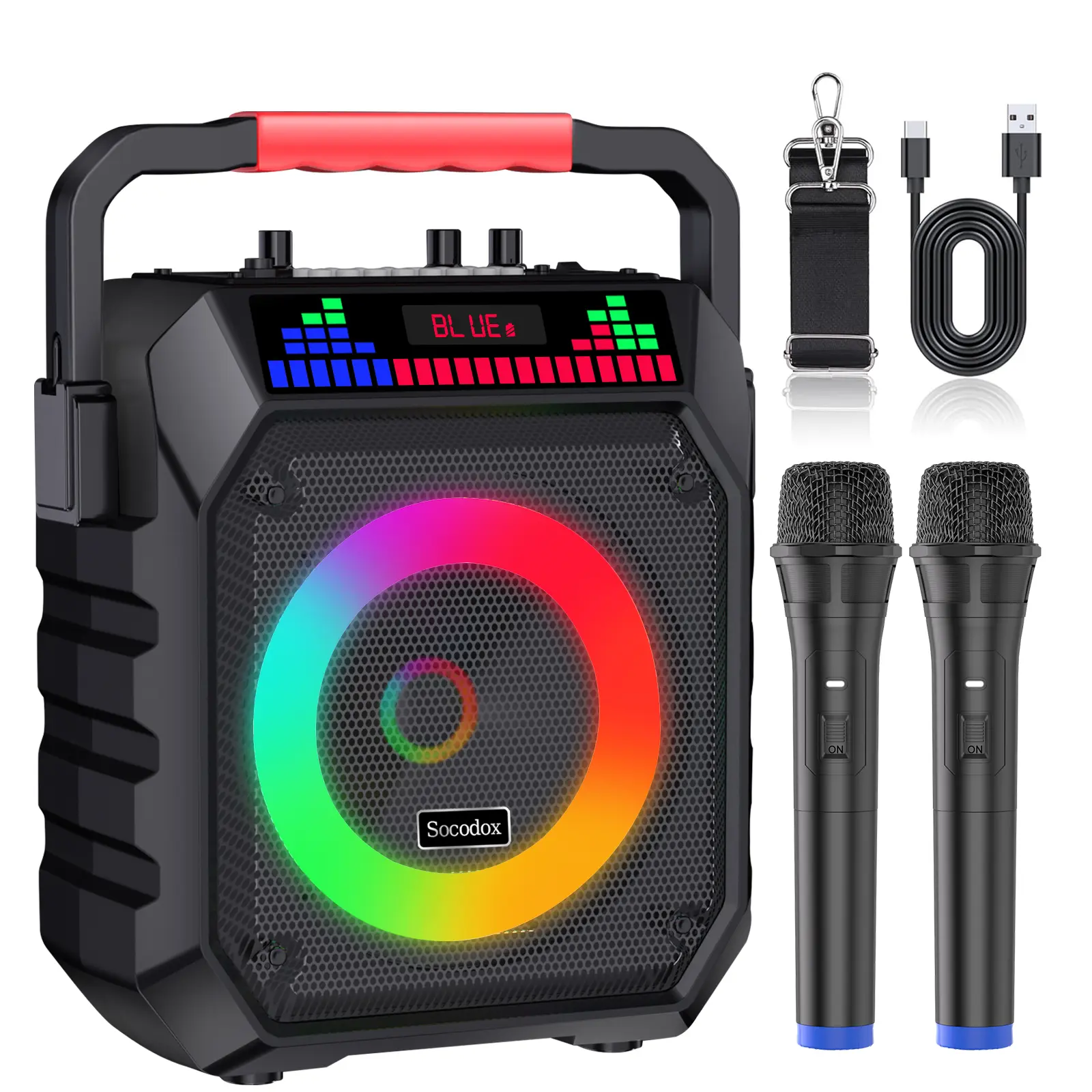 Socodox Karaoke Machine for Adults & Kids Portable Bluetooth 5.2 Speaker with 2 Wireless Microphones RGB Lights AUX USB TF AUX Home PA System for Family Party Outdoor Fun summerwins