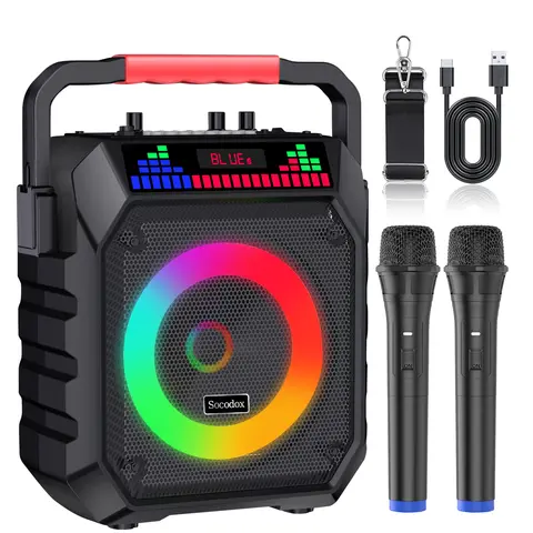 Socodox V3 Portable Karaoke Machine with Handle, 2 Wireless Microphones, 20W Rich Bass Stereo Speakers, 5 LED Light Modes, USB+BT+AUX/TF Ports, Bluetooth 5.2, Rechargeable Compact Audio System for Home Party, Outdoor Camping