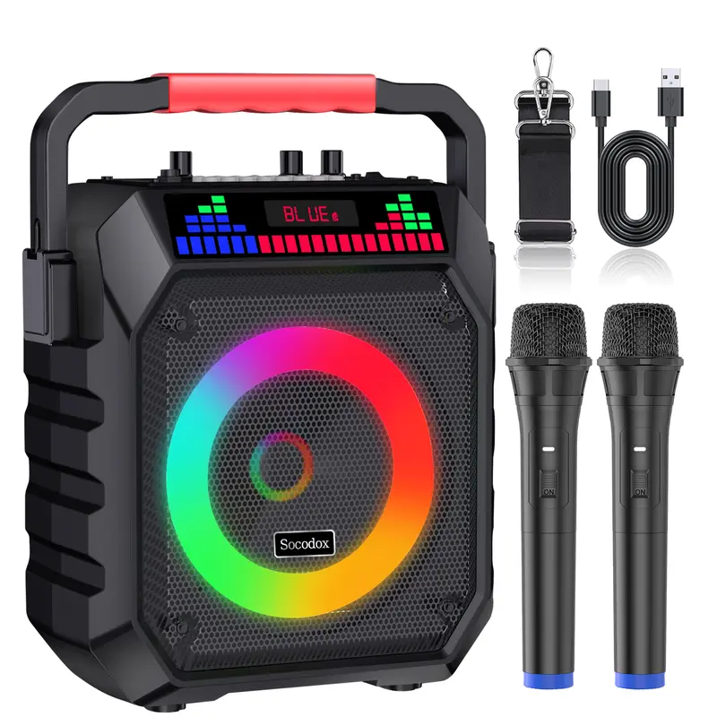 Socodox V3 Portable Karaoke Machine with Handle, 2 Wireless Microphones, 20W Rich Bass Stereo Speakers, 5 LED Light Modes, USB+BT+AUX/TF Ports, Bluetooth 5.2, Rechargeable Compact Audio System for Home Party, Outdoor Camping