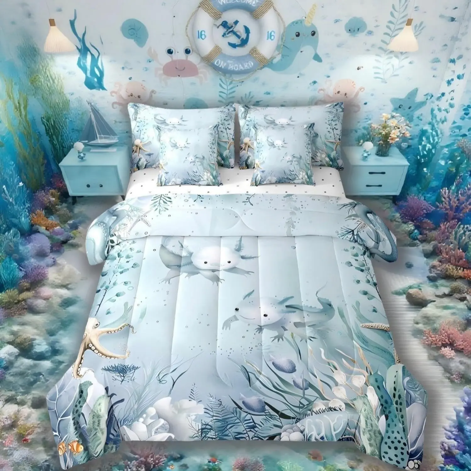 Feelyou 7-Piece Ultra-Soft Axolotl Bedding Set - Multi-Size Bed-in-a-Bag with Comforter, Flat Sheet, Fitted Sheet, Teal Blue Ocean Coastal Prints for Room Decor, Soft Sheets, Blanket Bedding Set