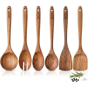 Luxury Teak  Utensil Set - Elegant 6- Cooking Ensemble Including Spoons, Server, Scraper & Spatula - Expertly Crafted for Culinary