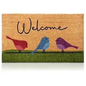 Colorful Birds - 17"x29" - Coir Door Mat with Heavy Duty Backing - Welcome Mats for Entryway, Porch - Anti-Slip PVC & Coconut Fiber Surface - Natural Home Accessories, Minimalist Original Design