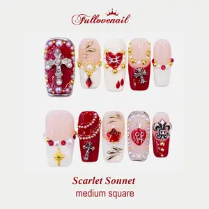 Fullovenail Medium Square 10 PCS Scarlet Sonnet Handmade Press on Nail REUSABLE 3D Gel Fake Nails Acylic Press on Nail/Christmas Autumn Fall Winter Peret 2025