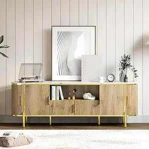 70in Fluted TV Stand Fits TVs Up to 80 Inches, Natural Oak Wood Entertainment Center Media TV Console with Faux Marble Top, Adjustable Shelves, and Curved Profile Sliding Doors