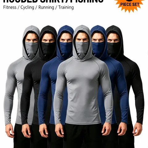 Men's 6-Pack Pull-On Cooling Hoodie Shirts, UPF Sun Protection Compression Activewear, Plain Breathable Quick-Dry Long-Sleeve Tops with Attached Face Mask for Fishing, Construction Work Breathable Workout Shirt Fitness Exercise Wear