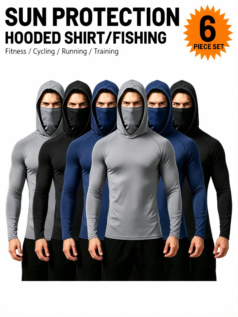 6 Pack Men UPF Sun Protection Compression Hooded Shirts,hooded sun shirts for men,Quick Dry Breathable Long Sleeve Athletic Tops with Attached Face Mask, Lightweight Cooling Performance Activewear for Fishing Construction Outdoor Work  sleeve t-shirt