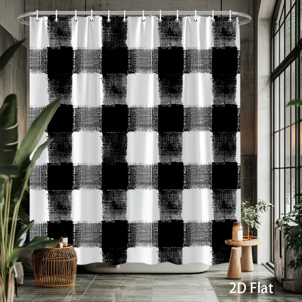 1pc Black and White Buffalo Check Shower Curtain - Large Houndstooth Pattern Bathroom Window Curtain with Hooks, Modern Bathtub Décor, Multi-Size Options (59x70.8/70.8x70.8/70.8x78.7/90.5x70.8in) - Easy-Clean White & Grey -Like Design, 2D Flat