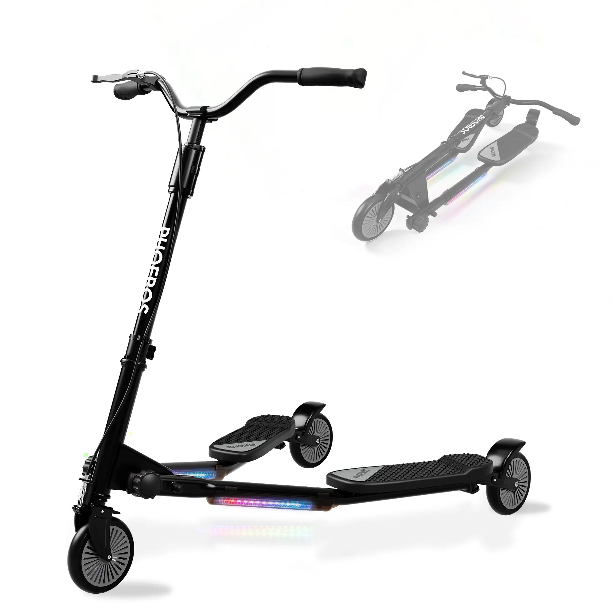 PHOEROS Upgraded Swing Wiggle Scooter, 3 Wheels Drifiting Kick Scooter for Kids Ages 6-12,Teens & Adults, Youth Drifting Scooter with LED Light /7 Height Adjustable/Foldable Best Gift for Kids/Youth.
