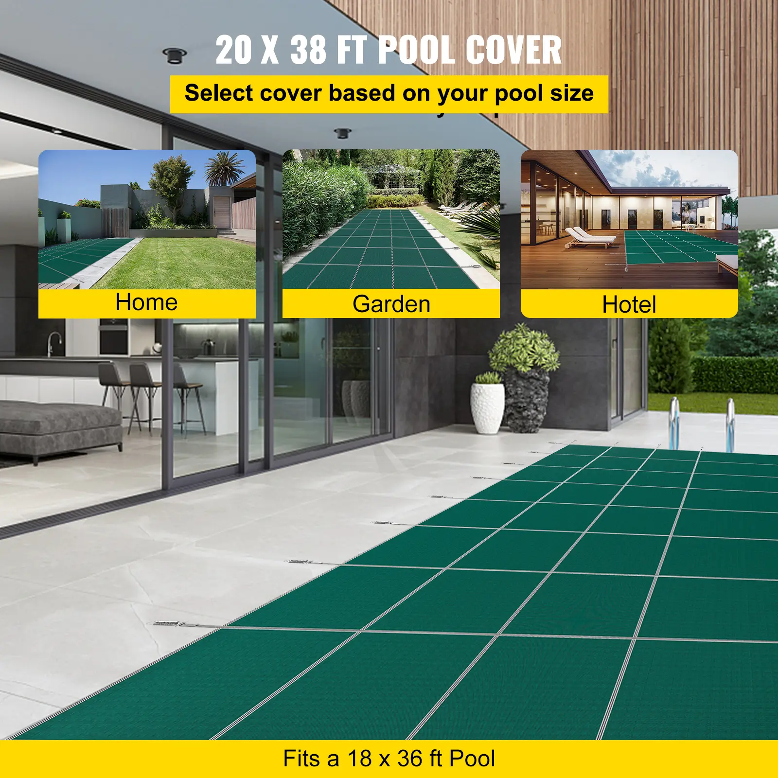 【summerfinds】VEVOR Pool Safety Cover Fits 18x36ft Rectangle Inground Pools, Safety Pool Cover with 4x10ft Center End Step, Mesh Solid Pool Cover with Drainage Holes for Swimming Pool, Winter Safety Cover, Green
