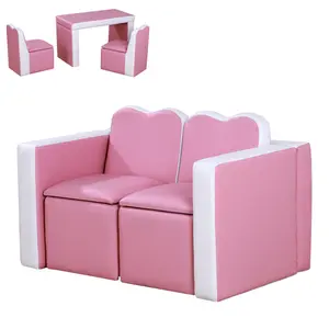 Qaba Kids Sofa Set 2-in-1 Multi-Functional Toddler Table Chair Set 2 Seat Couch Storage Box Soft Sturdy Pink,Convertible sofa or table and chairs,Safe, sturdy, comfortable, and stable