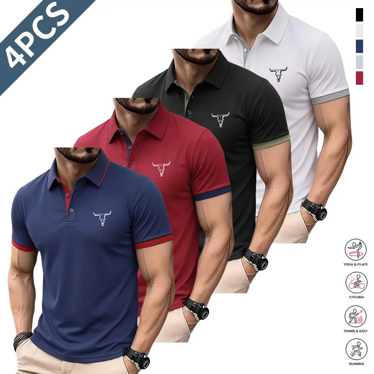 Men’s 4-piece set of printed polo shirts—summer regular-fit casual short-sleeve collared tops; stylish menswear suitable for everyday wear and casual sports,summervibes.