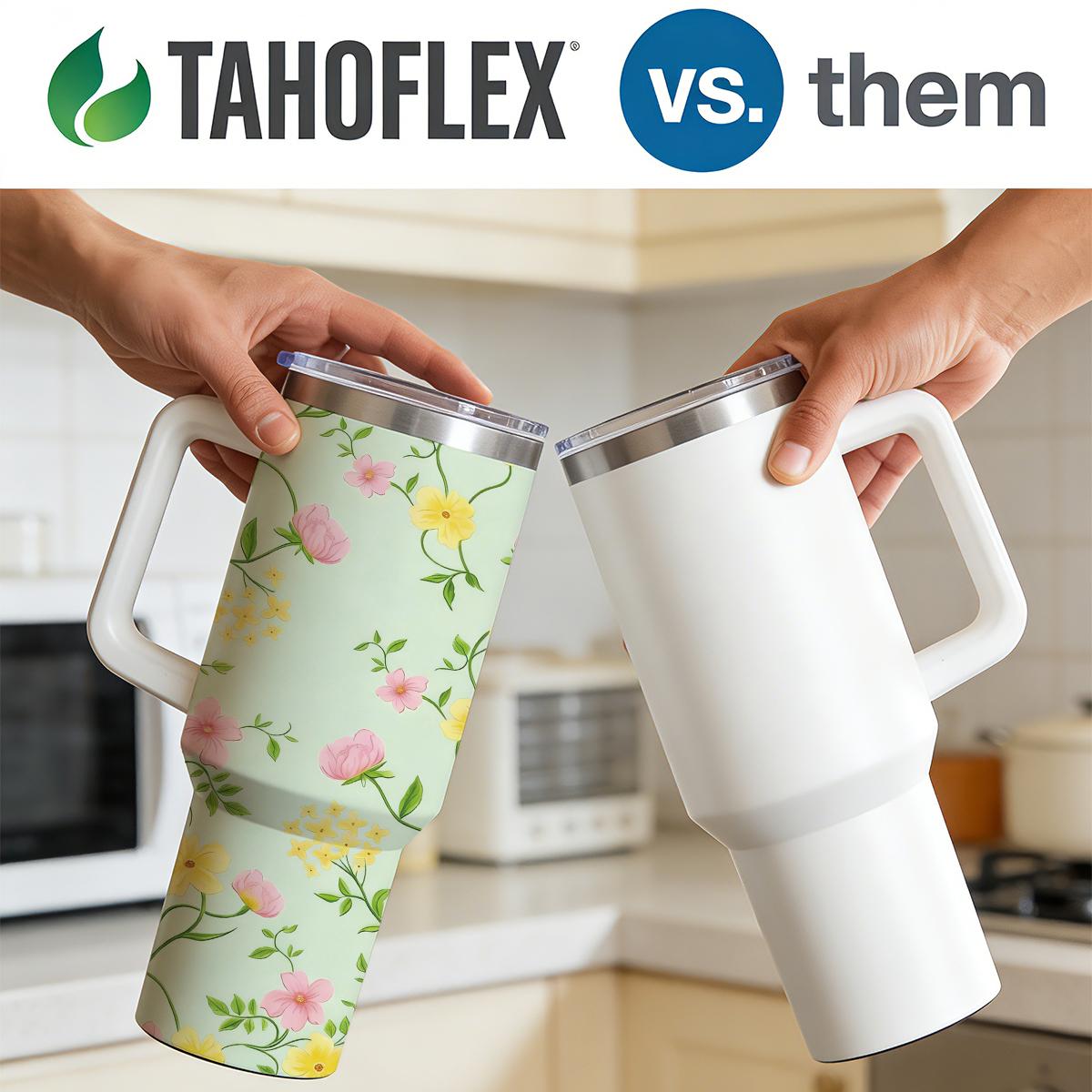 Floral Bloom 30 oz Travel Mug, Sunkissed Yellow & Pink Wildflower Print on Pastel Green, Ambidextrous Lid with Handle, Triple-Wall Insulated Iced Coffee Cup for Summer Road Trips special edition