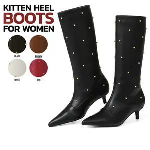 VIMISAOI Kitten Heel Boots for Women Pointed Toe Kitten Heel Studded Tall Booties Fashion Trendy Long Western Boots For Women