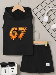 Boys Summer Hooded Sleeveless Set, “SIX SEVEN” “67”Cartoon Print Fashion Casual Two-Piece Vest Shorts, Daily School Sports Weekend, Outfit