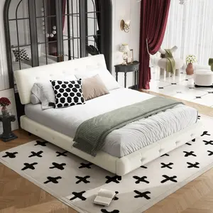 Queen Size Bed Frame,Tufted Headboard with Extra-Large Ultra-Soft Cloud Pillow Design,Chenille Platform Bed with Metal and Wooden Slats Double Support,Solid and Stable,Noise-Free