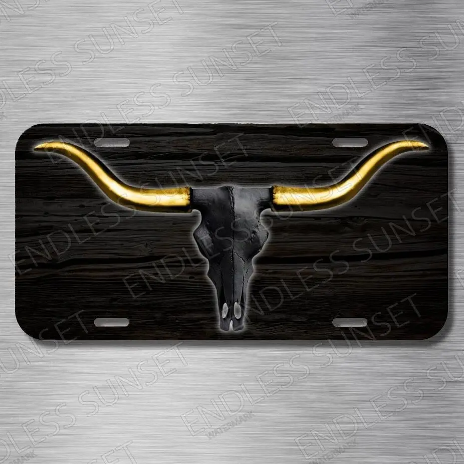 Black Bull Skull Cow Horns Farmer Rancher Farm Beef License Plate Front Auto Tag