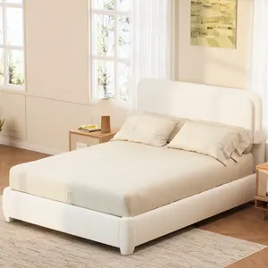 Modern Platform Bed with Adjustable-Height Cloud Headboard Elegant Boucle Fabric Low-Profile Design No Box Spring Needed Easy Assembly White