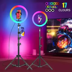 Adjustable 12" RGB Selfie Ring Light with Tripod Stand, 17 Color Modes, Dimmable LED Lighting for iPhone & Android, Tripod Stand for Makeup Black Cellphone Smartphone