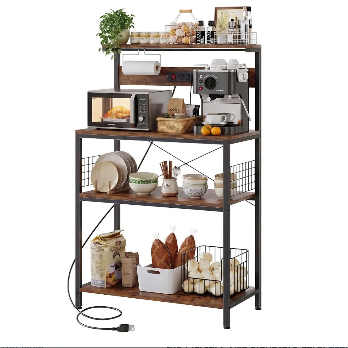 2-Size Kitchen Bakers Rack with 3 Outlets & Adjustable Shelf, 4-Tier Microwave Stand, Coffee Bar Organizer, Farmhouse Style in Rustic Brown (23.6"/31.5") | Easy Assembly & Anti-Tip Kit