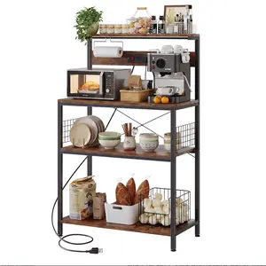 2-Size Kitchen Bakers Rack with 3 Outlets & Adjustable Shelf, 4-Tier Microwave Stand, Coffee Bar Organizer, Farmhouse Style in Rustic Brown (23.6"/31.5") | Easy Assembly & Anti-Tip Kit