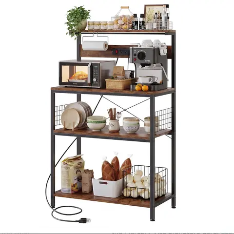 2-Size Kitchen Bakers Rack with 3 Outlets & Adjustable Shelf, 4-Tier Microwave Stand, Coffee Bar Organizer, Farmhouse Style in Rustic Brown (23.6"/31.5") | Easy Assembly & Anti-Tip Kit