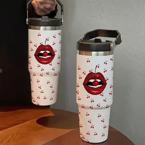 30oz Cherry Lips Insulated Bottle with Straw, Tumbler, 304 Stainless Steel Design for Outdoor, Home & Travel, Perfect Gift for Hot & Cold Beverages