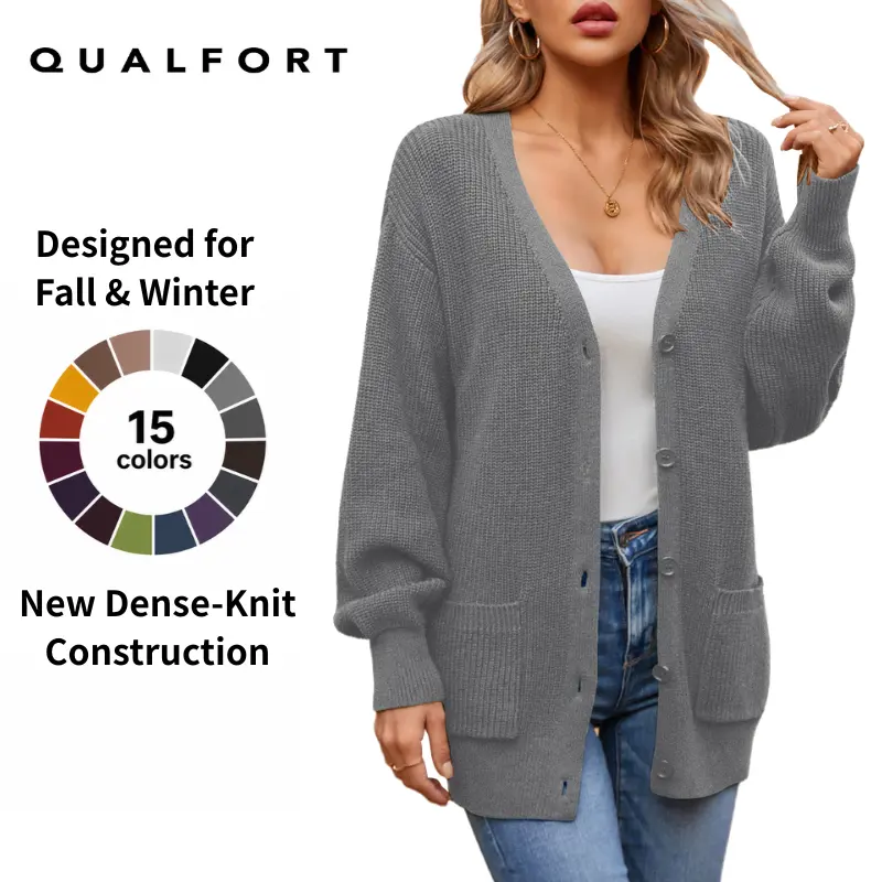 QUALFORT Women's Oversized V-Neck 100% Cotton Button-Down Cardigan, Long Lantern Sleeves with Pockets, Cardigan for Women