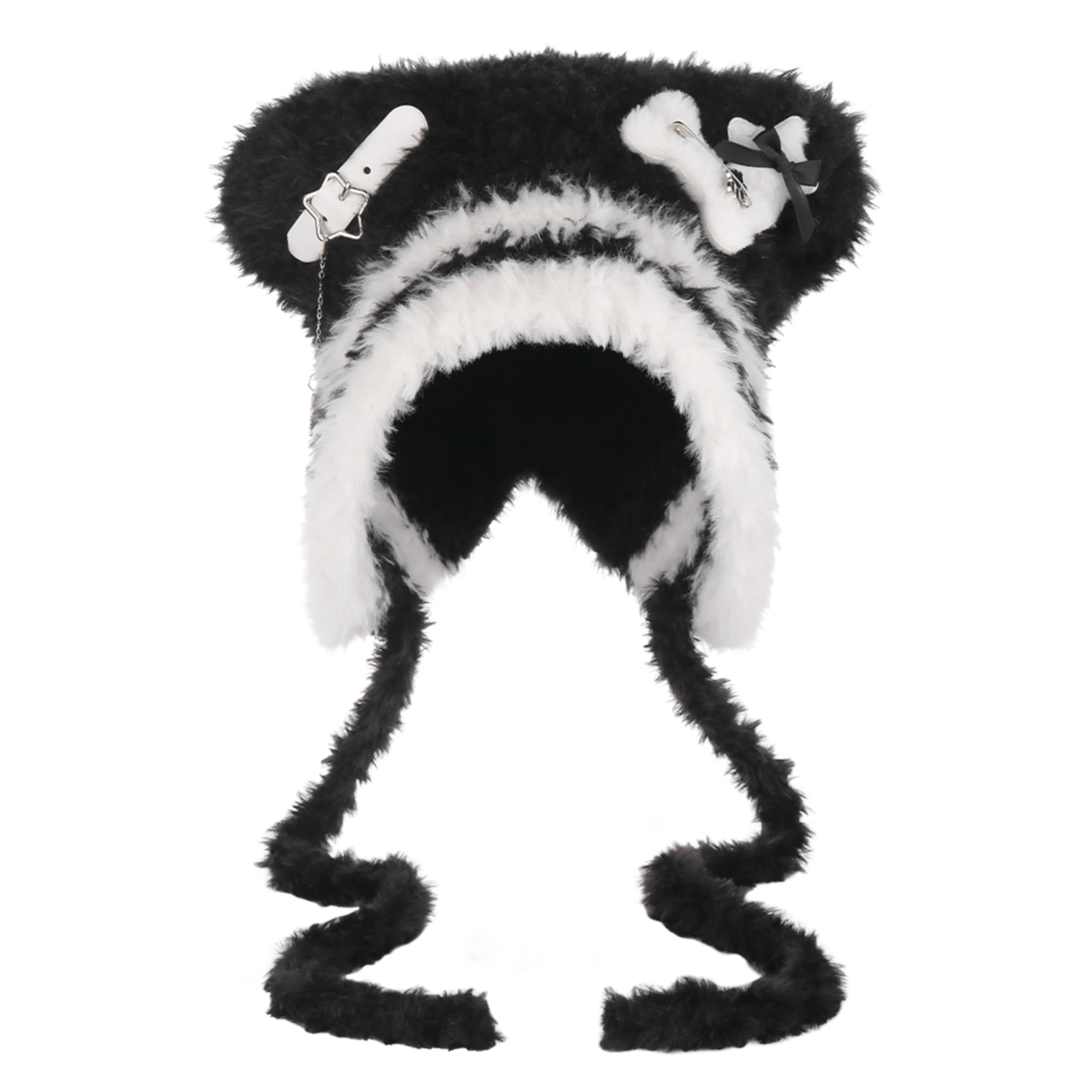 Y2K Punk Knit Beanie with Gothic Bear Ear, Faux Fur & Fleece Lining, Chain & Bone Decor Winter Hat for Women