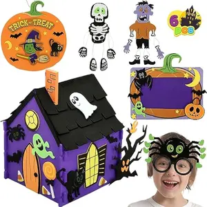 Halloween Foam Craft Kit, Party Favors for Kids, Art Crafts with 3D Haunted House, Photo Frame, 2 Halloween Characters Decor, Glasses, Trick or Treat Door Sign Hanger, School Activities Games
