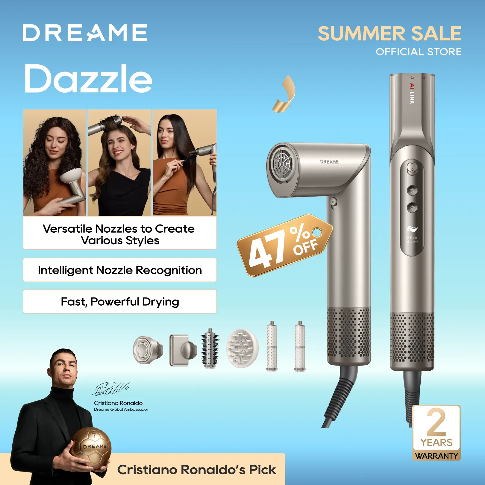 DREAME Dazzle Ionic Hair Dryer, Salon Blow Dryer for Fast Drying and Styling with 110,000RPM Motor, 5 Snap-on Attachments & Smart Screen, Salon Hair Dryer