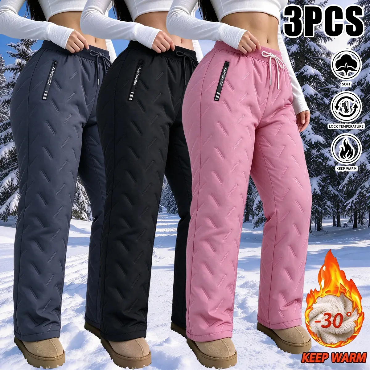 3-piece set of women’s fleece winter pants with zippered pockets, adjustable drawstring, warm casual trousers suitable for everyday wear and outdoor activities, Christmas gift